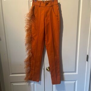 Hanifa Vibrant Orange Feather-Accent Pants